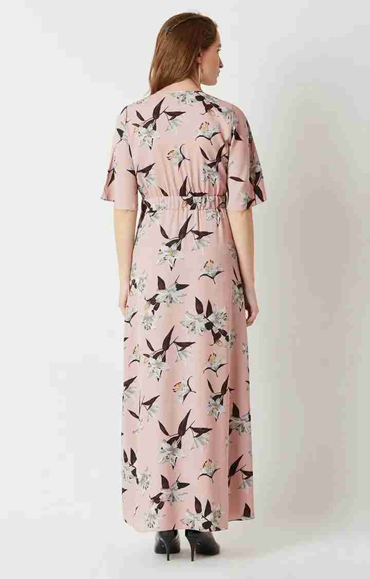 Women's Pink Crepe FloralCasualwear Maxi Dress