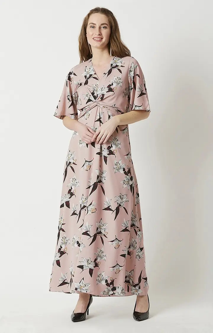 MISS CHASE | Women's Pink Crepe FloralCasualwear Maxi Dress