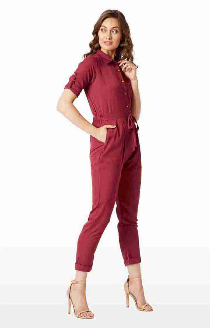 Women's Red Crepe SolidCasualwear Jumpsuits