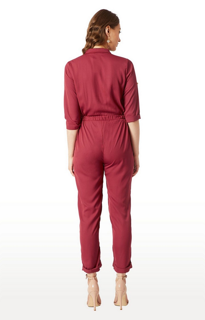 Women's Red Crepe SolidCasualwear Jumpsuits