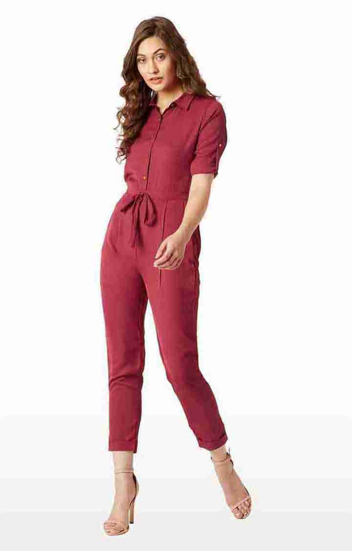 Women's Red Crepe SolidCasualwear Jumpsuits