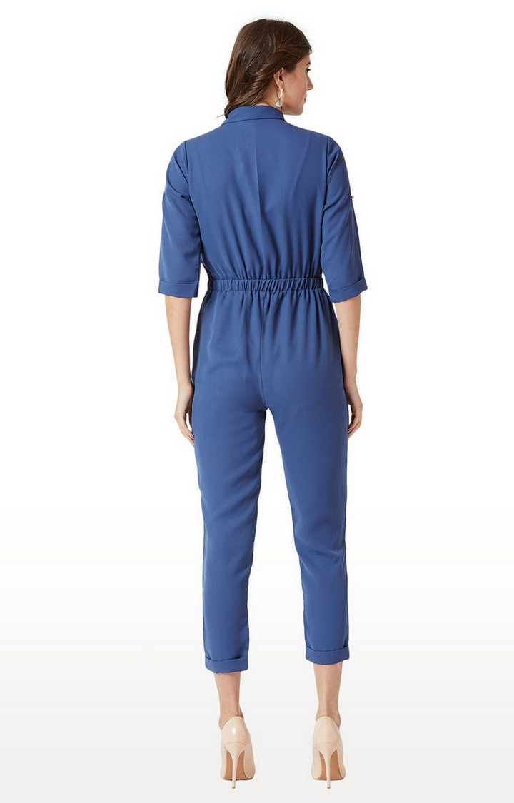 Women's Blue Crepe SolidCasualwear Jumpsuits