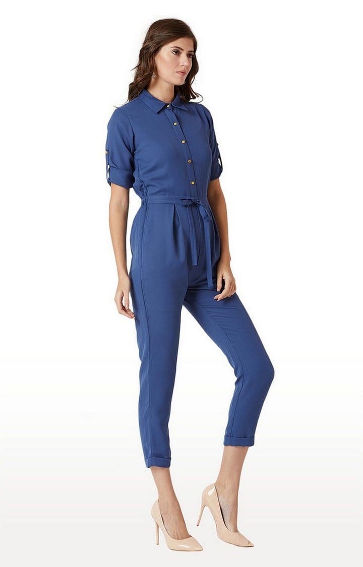 Women's Blue Crepe SolidCasualwear Jumpsuits