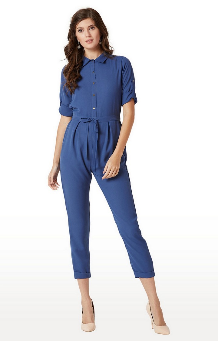 Women's Blue Crepe SolidCasualwear Jumpsuits