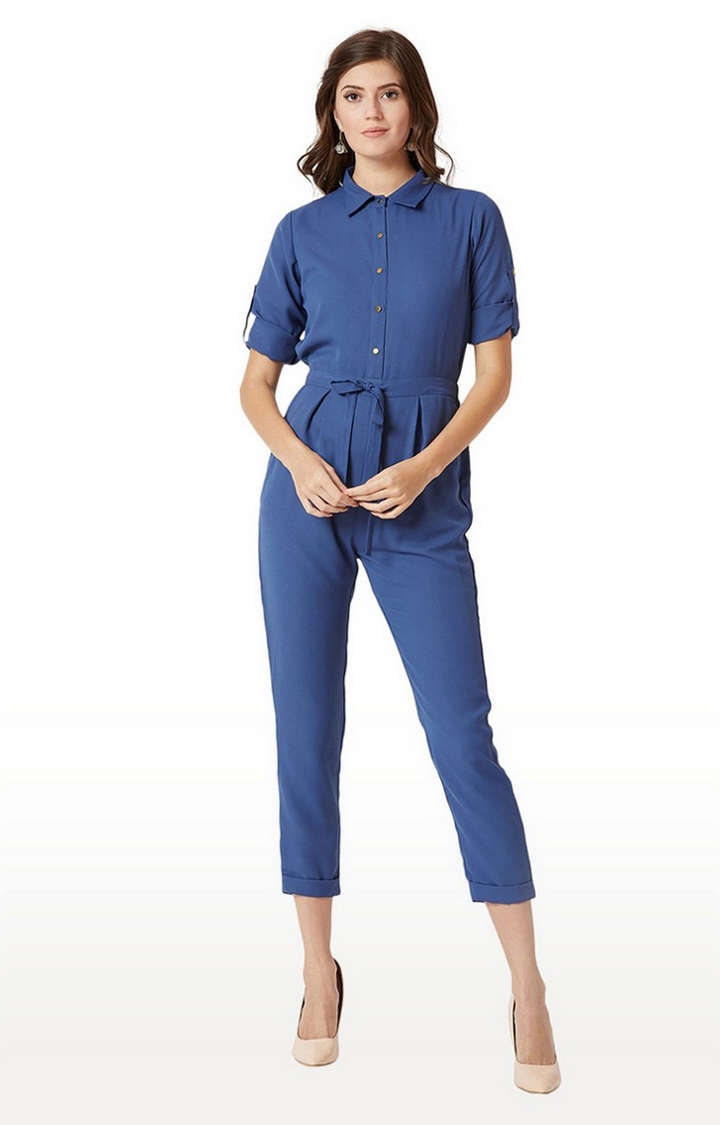 MISS CHASE | Women's Blue Crepe SolidCasualwear Jumpsuits