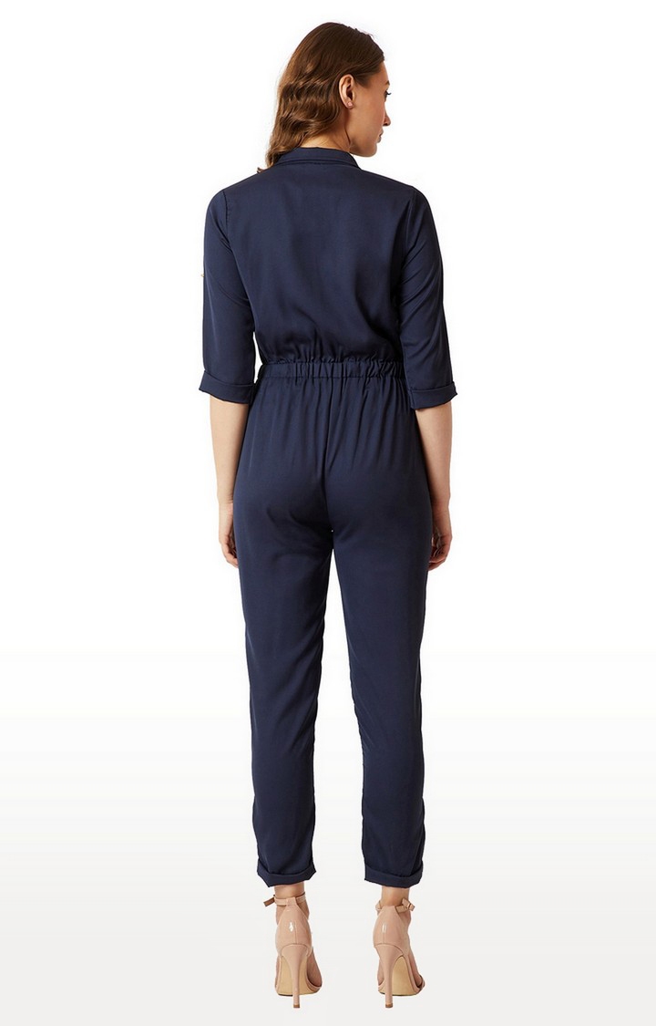 Women's Blue Crepe SolidCasualwear Jumpsuits