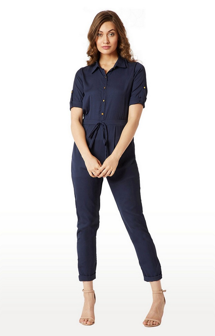 MISS CHASE | Women's Blue Crepe SolidCasualwear Jumpsuits