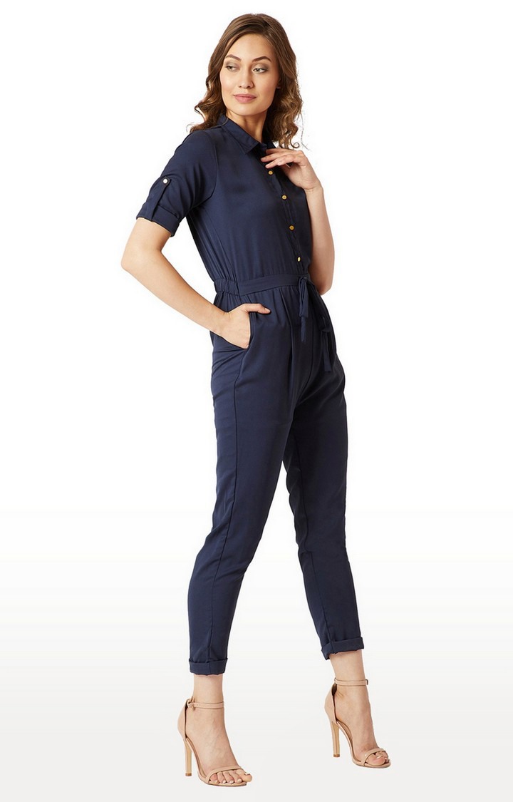 Women's Blue Crepe SolidCasualwear Jumpsuits