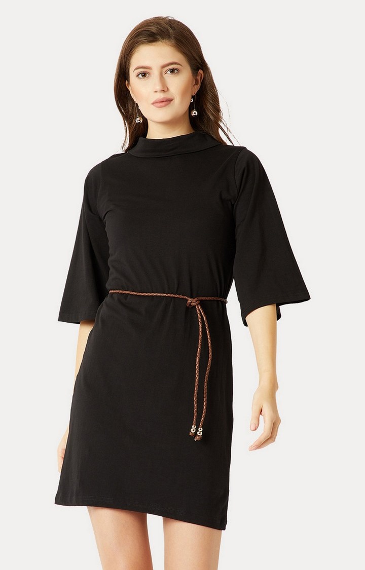 Women's Black Cotton SolidCasualwear Shift Dress