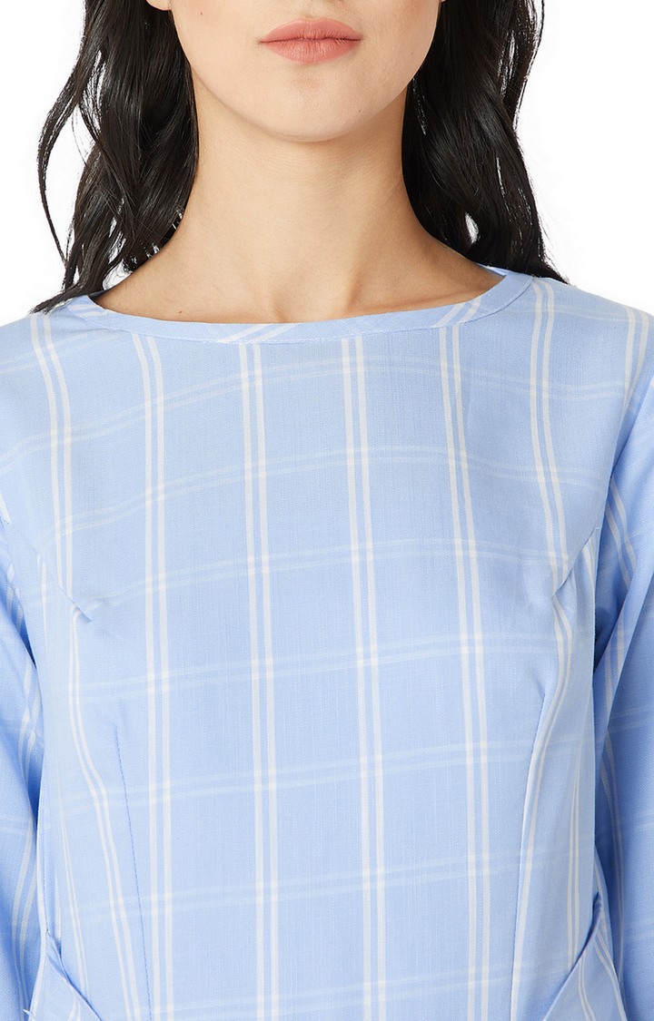 Women's Blue Cotton CheckedCasualwear Shift Dress