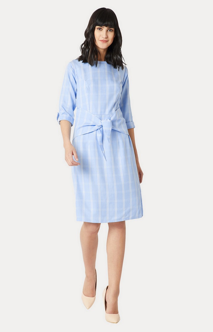 Women's Blue Cotton CheckedCasualwear Shift Dress