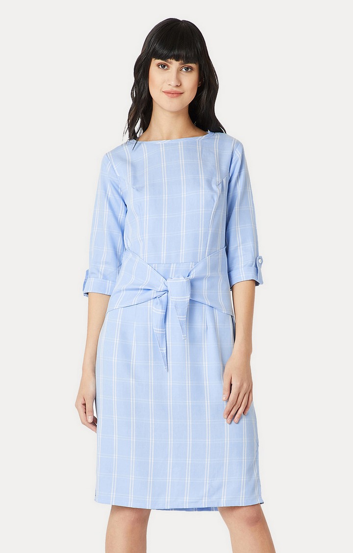 MISS CHASE | Women's Blue Cotton CheckedCasualwear Shift Dress