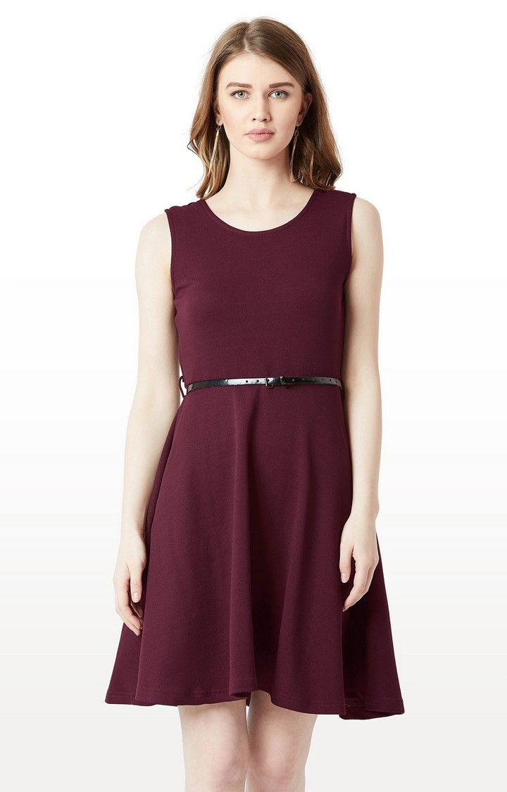 MISS CHASE | Women's Red Polyester SolidCasualwear Skater Dress