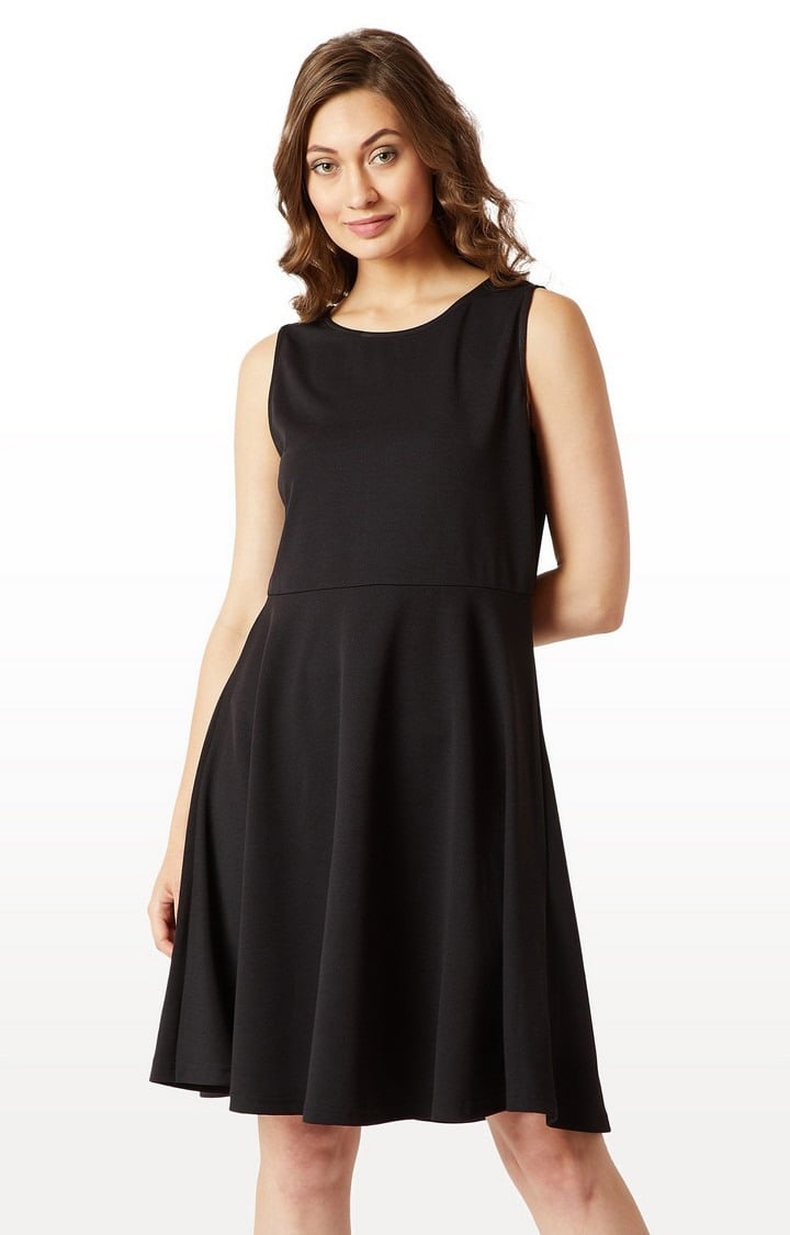MISS CHASE | Women's Black Polyester SolidCasualwear Skater Dress