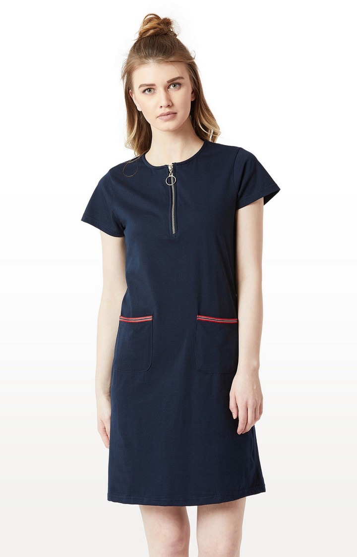 MISS CHASE | Women's Blue Cotton SolidCasualwear Shift Dress