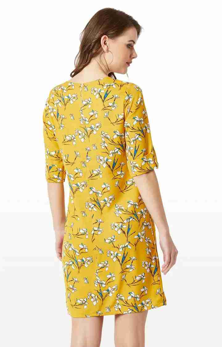 Women's Yellow Crepe FloralCasualwear Shift Dress