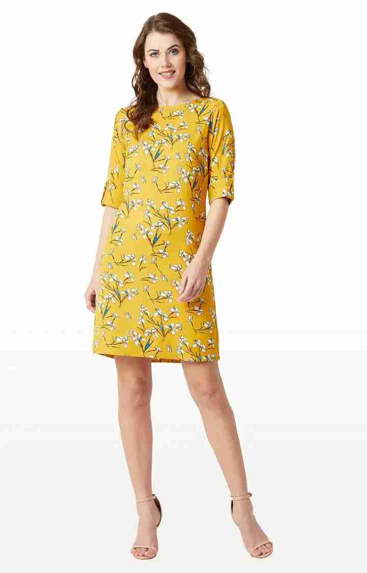 Women's Yellow Crepe FloralCasualwear Shift Dress