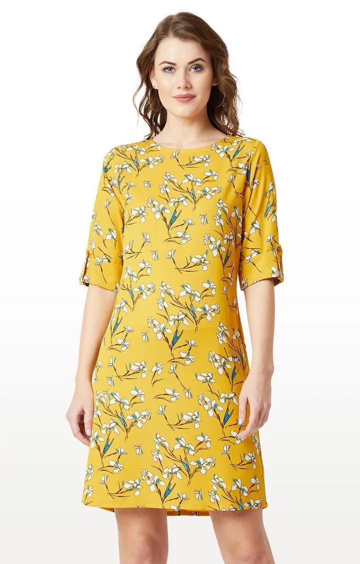 Women's Yellow Crepe FloralCasualwear Shift Dress