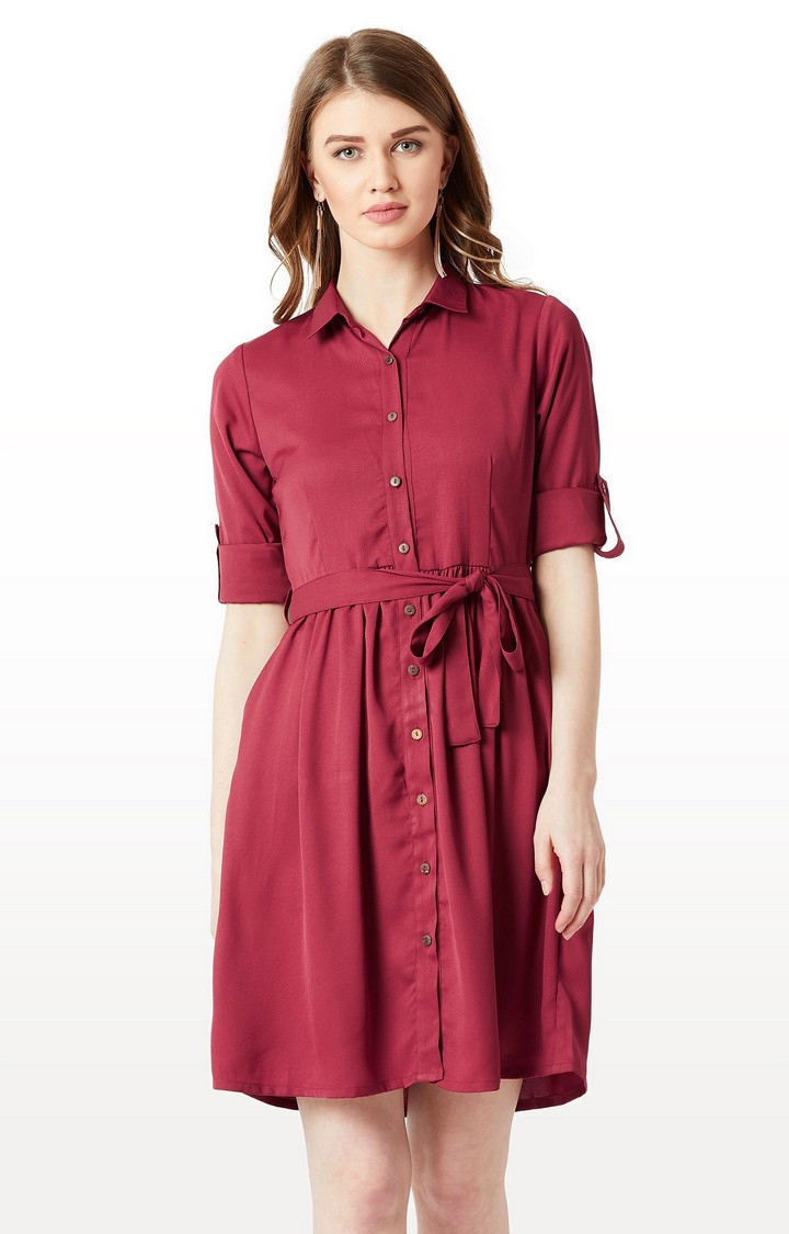 Women's Red Crepe SolidCasualwear Shirt Dress