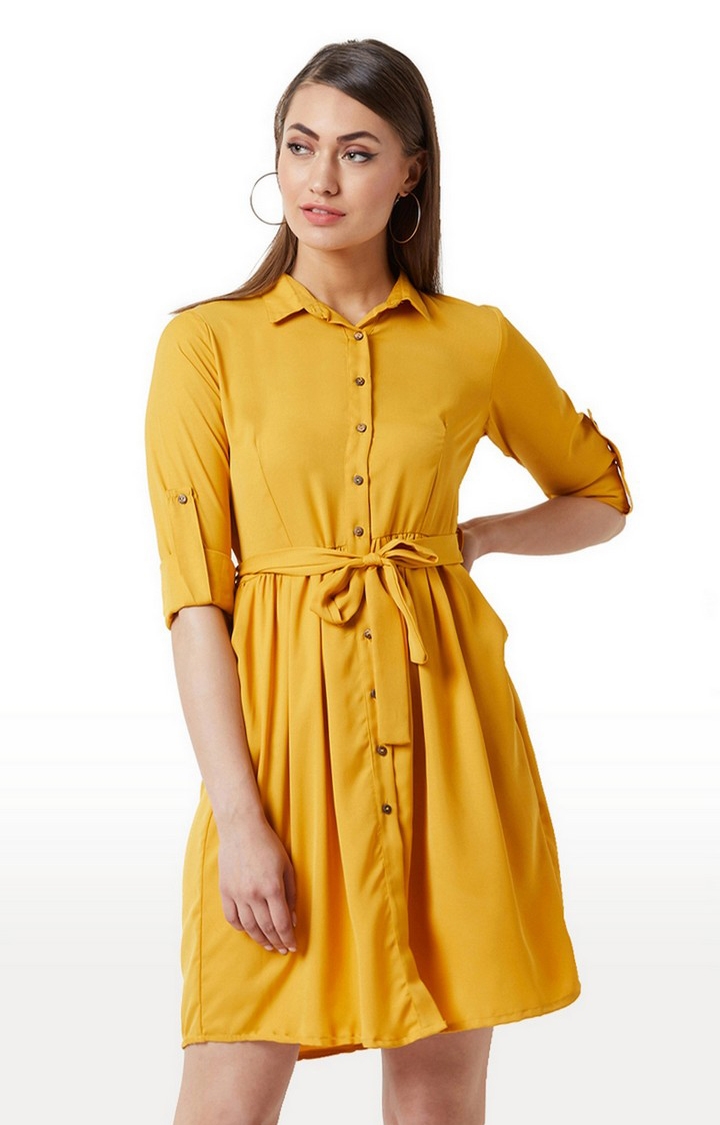 MISS CHASE | Women's Yellow Crepe SolidCasualwear Skater Dress
