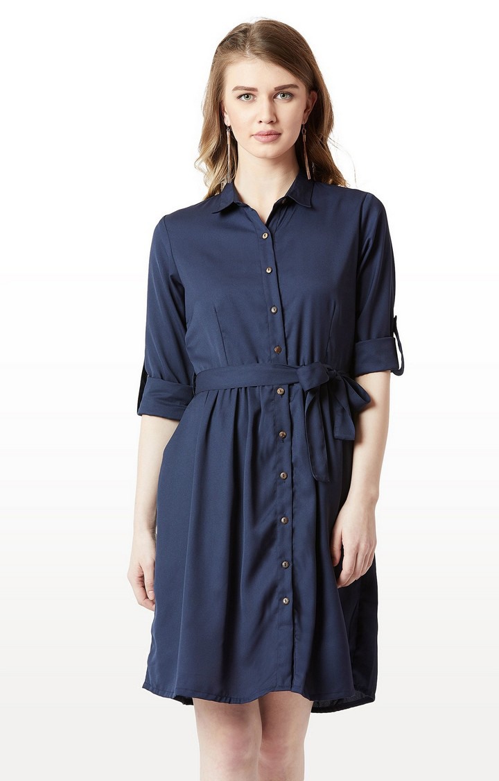 MISS CHASE | Women's Blue Crepe SolidCasualwear Shirt Dress