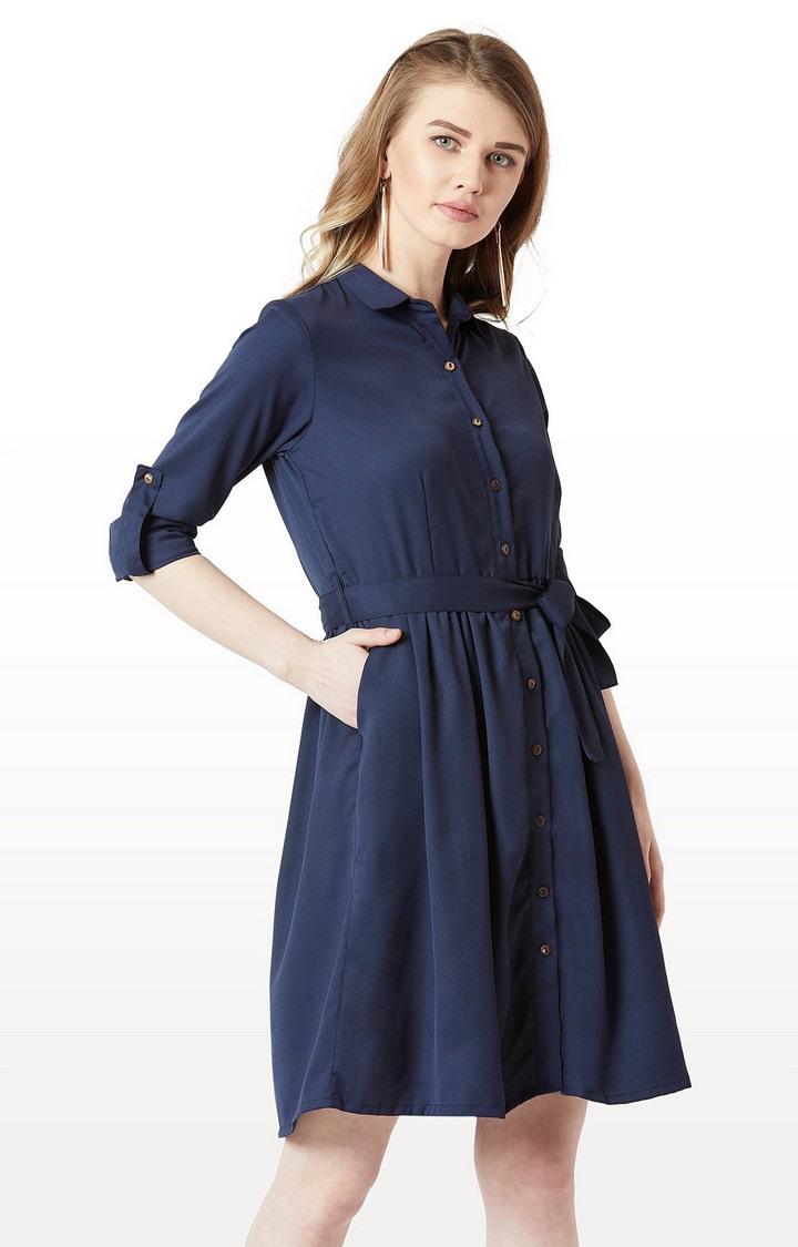 Women's Blue Crepe SolidCasualwear Shirt Dress