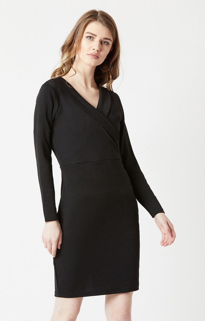 MISS CHASE | Women's Black Polyester SolidEveningwear Sheath Dress