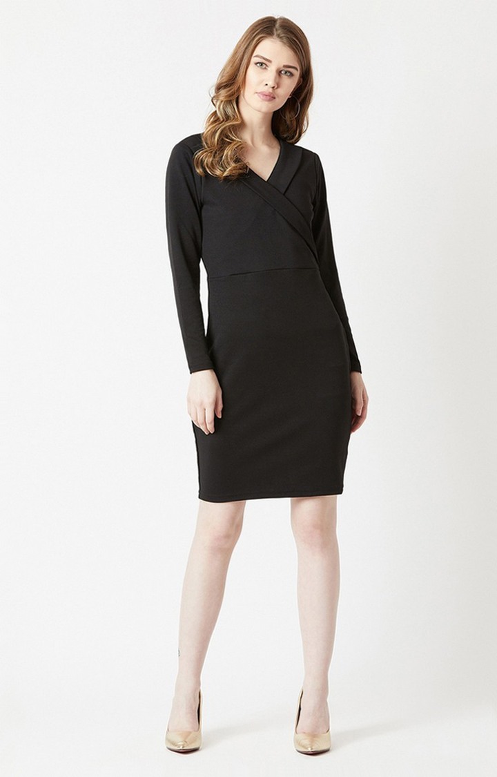 Women's Black Polyester SolidEveningwear Sheath Dress