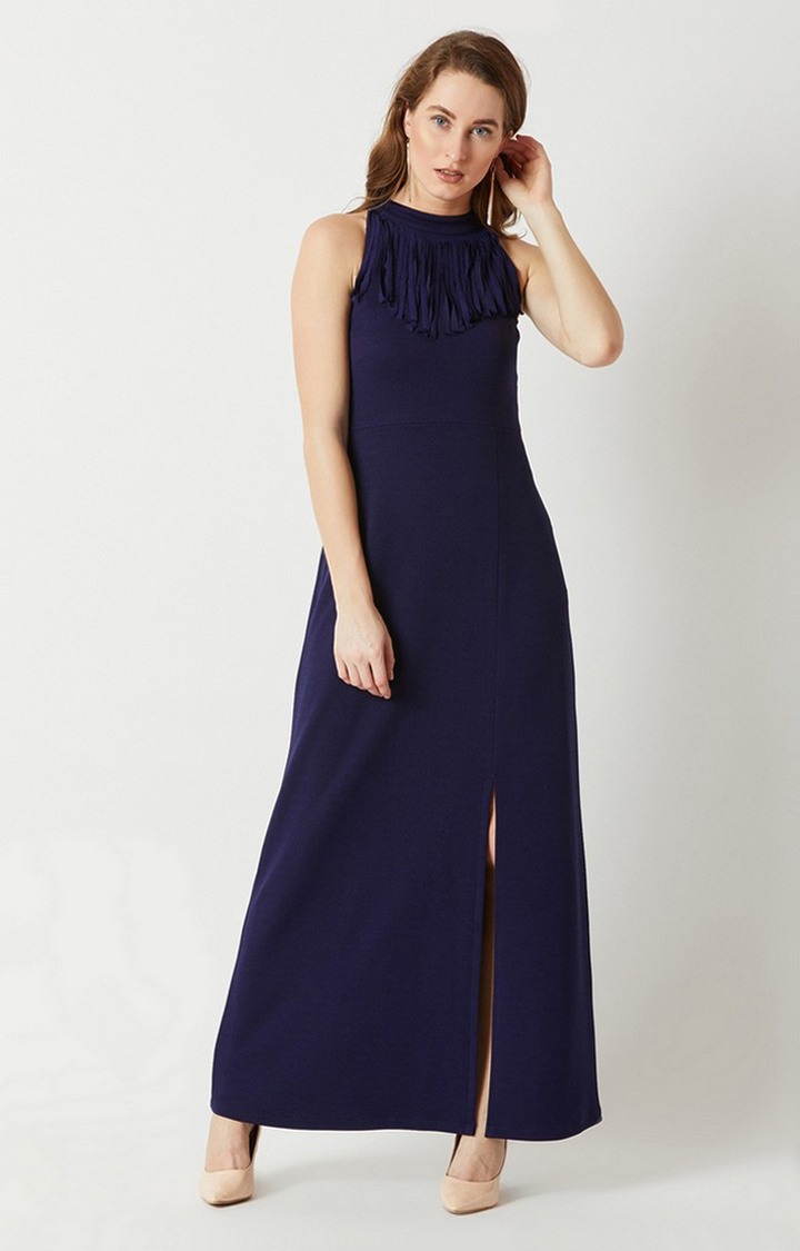 Women's Blue Crepe SolidEveningwear Maxi Dress