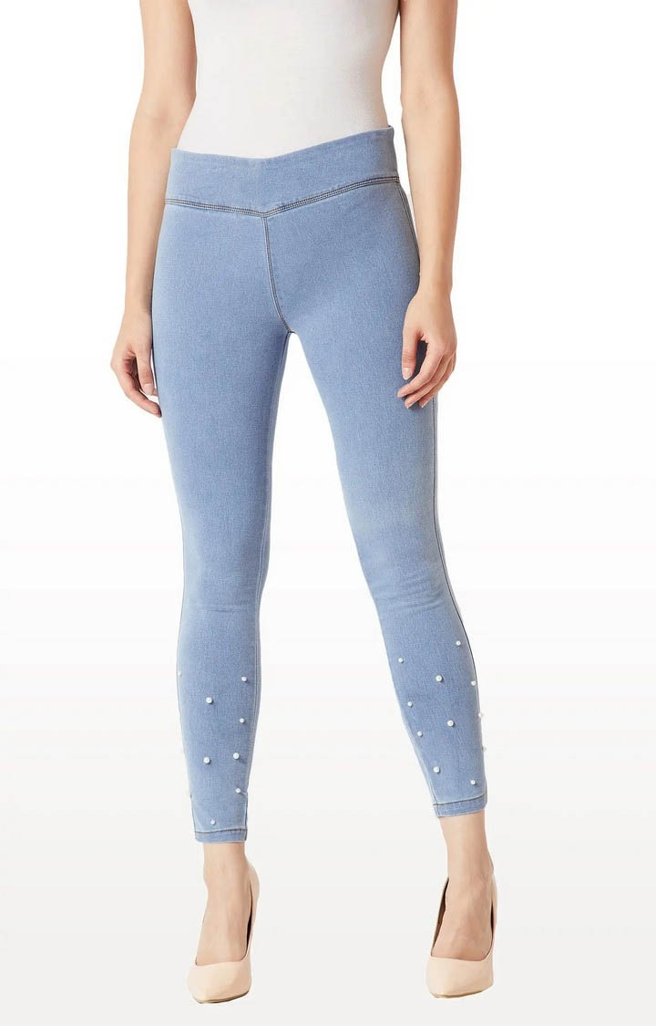 MISS CHASE | Women's Blue Solid Jeggings 0