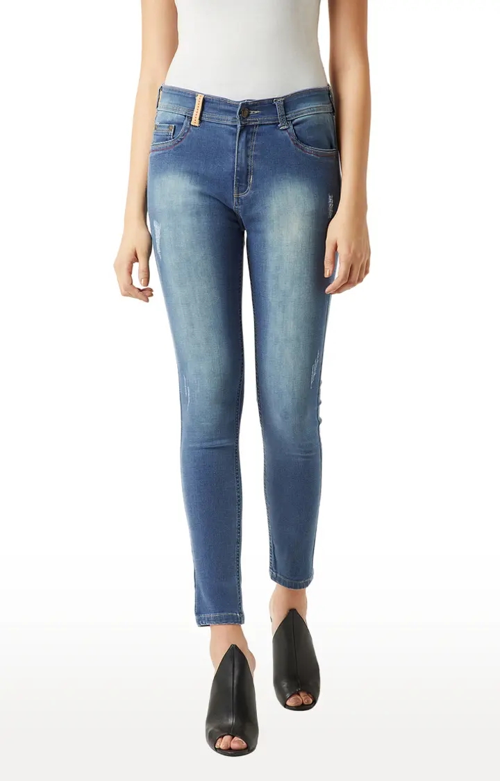 MISS CHASE | Women's Blue Solid Slim Jeans