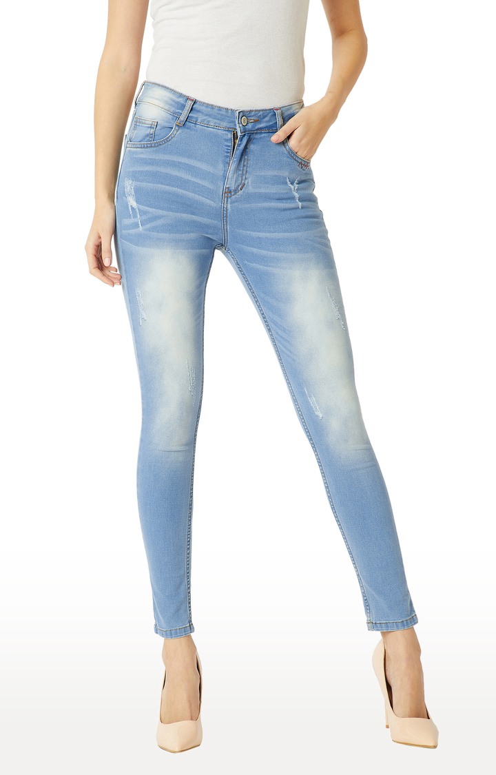 MISS CHASE | Women's Blue Solid Slim Jeans