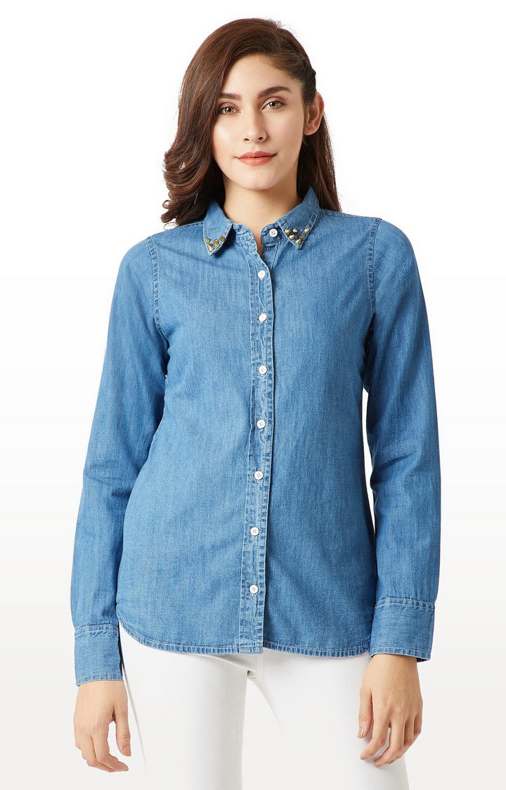 Women's Blue Denim SolidCasualwear Casual Shirts