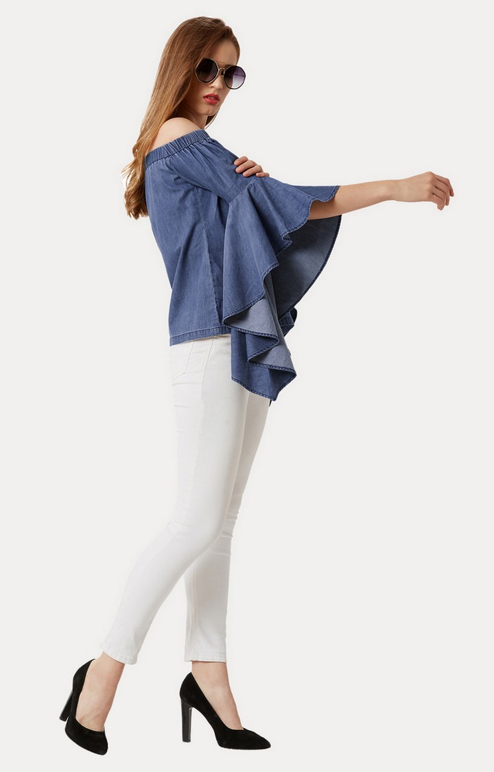 Women's Blue Denim SolidCasualwear Off Shoulder Top