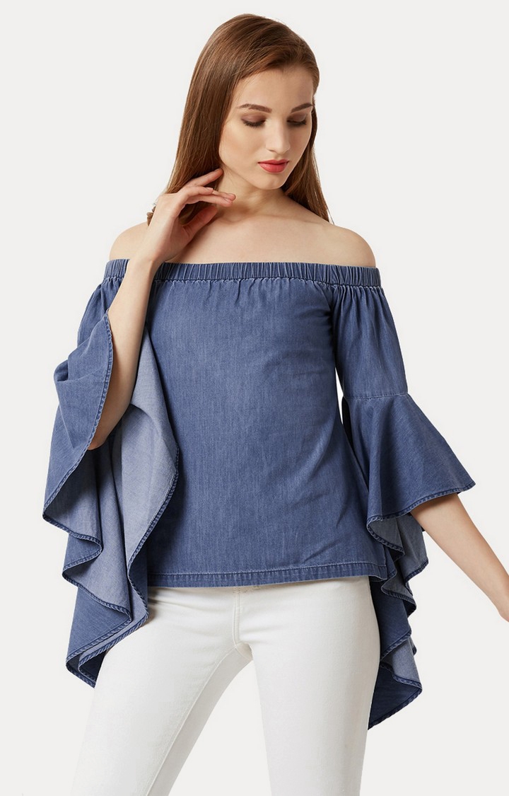 MISS CHASE | Women's Blue Denim SolidCasualwear Off Shoulder Top