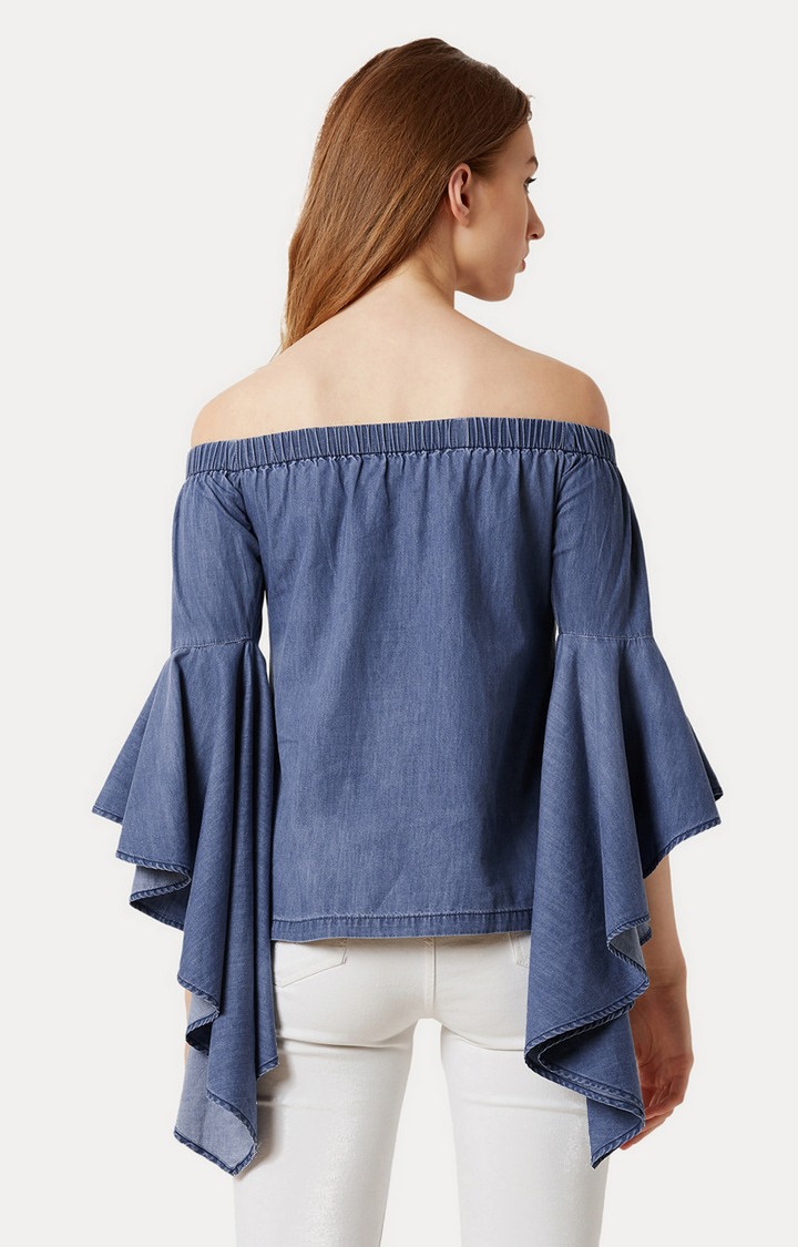 Women's Blue Denim SolidCasualwear Off Shoulder Top