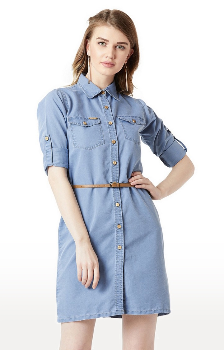 Women's Blue Denim SolidCasualwear Shirt Dress