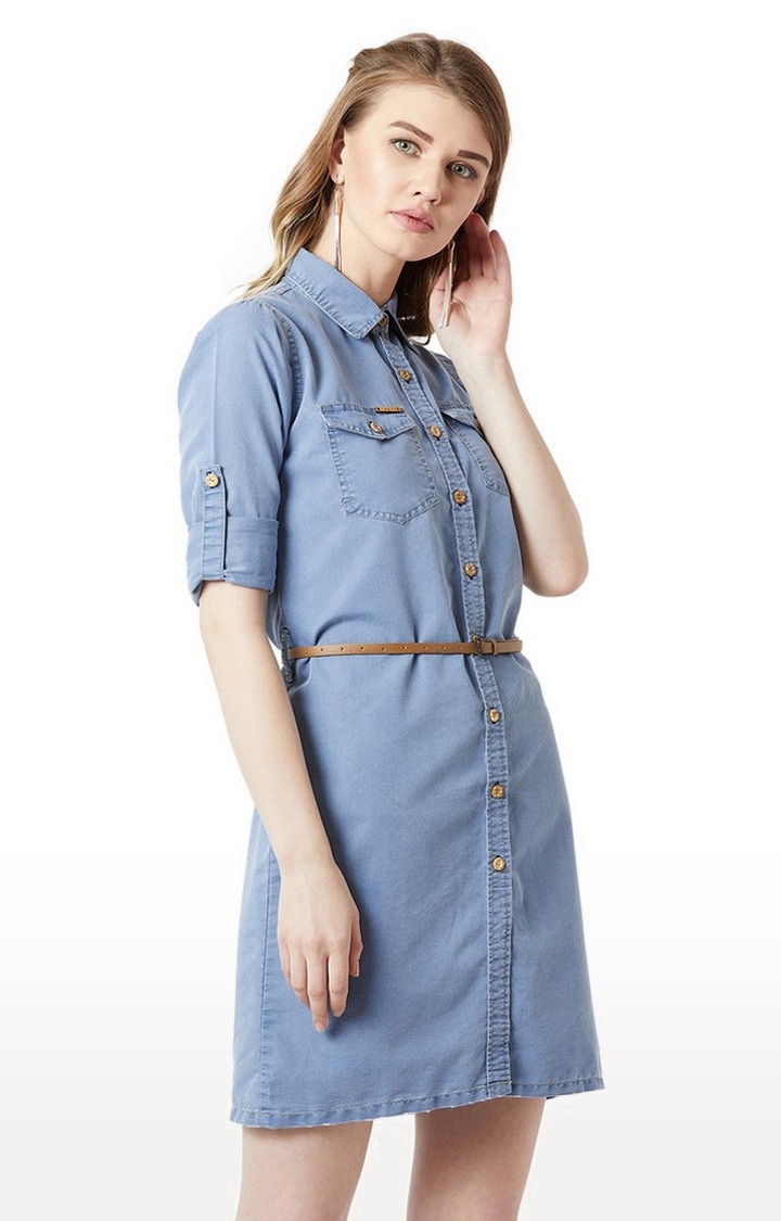 Women's Blue Denim SolidCasualwear Shirt Dress