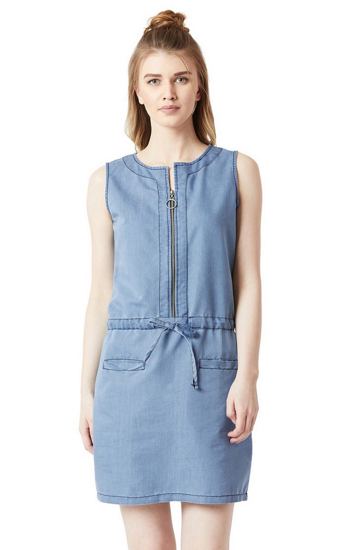 MISS CHASE | Women's Blue Denim SolidCasualwear Shift Dress