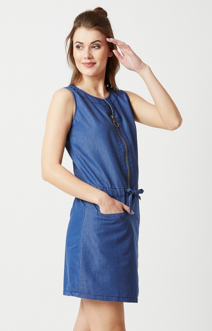 Women's Blue Cotton SolidCasualwear Shift Dress