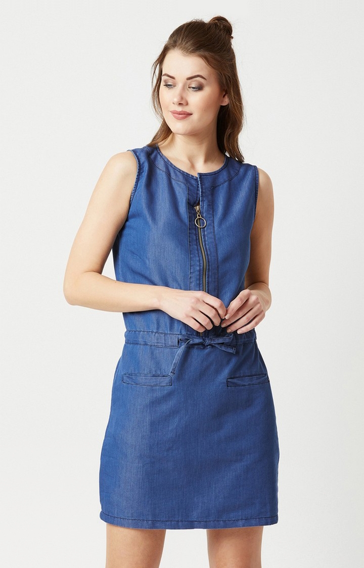 MISS CHASE | Women's Blue Cotton SolidCasualwear Shift Dress