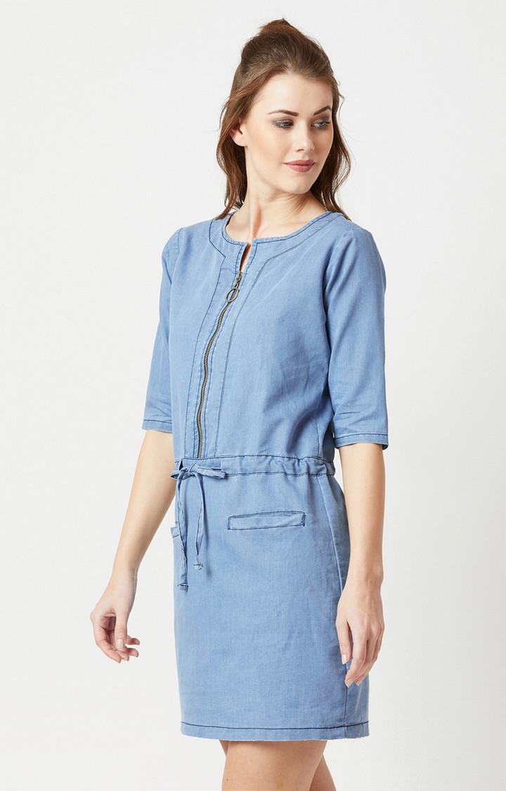 Women's Blue Cotton SolidCasualwear Shift Dress