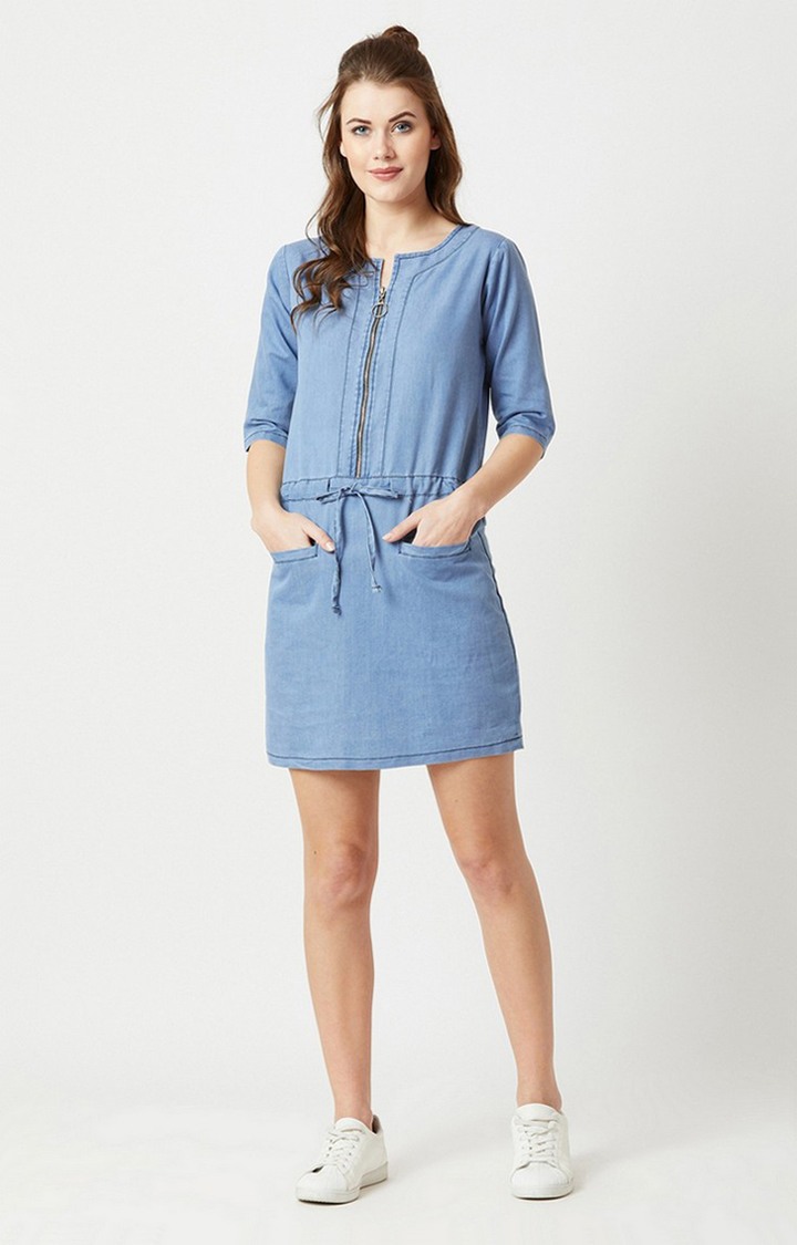 Women's Blue Cotton SolidCasualwear Shift Dress