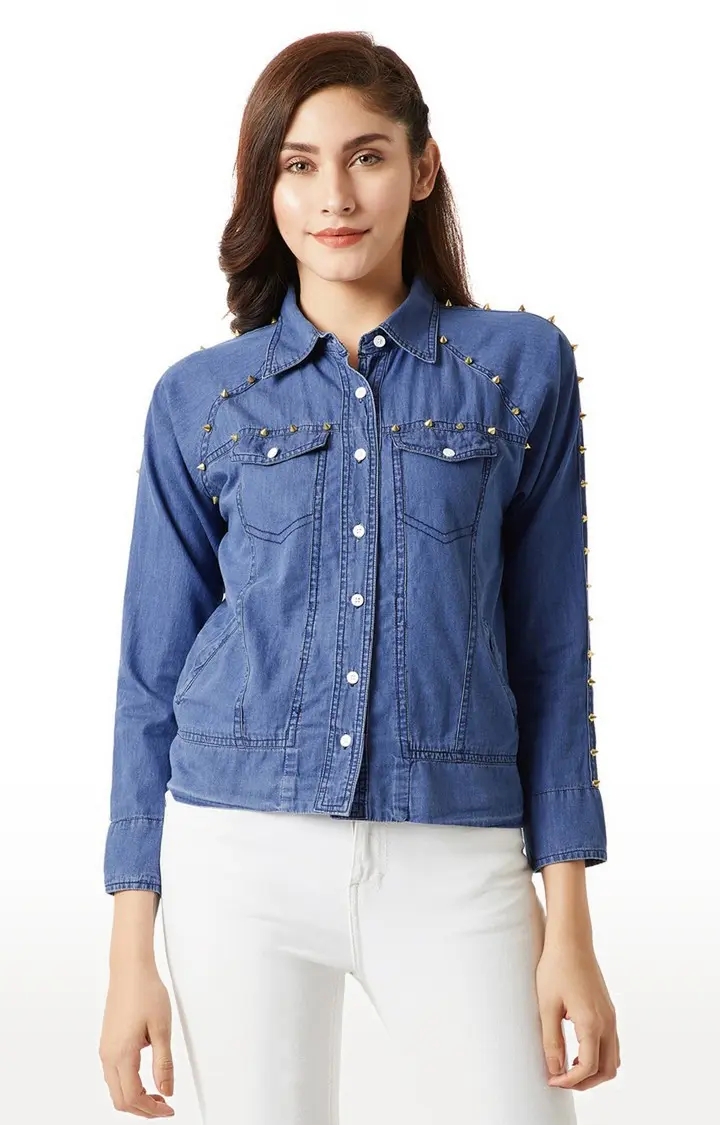 MISS CHASE | Women's Blue Solid Denim Jackets
