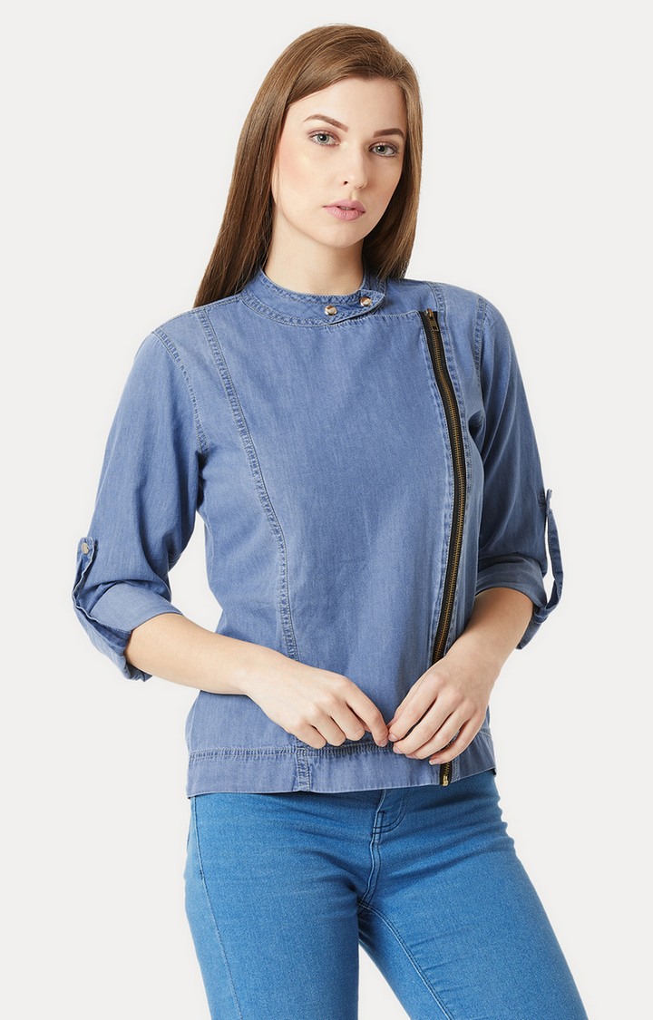 Women's Blue Denim SolidCasualwear Denim Jackets