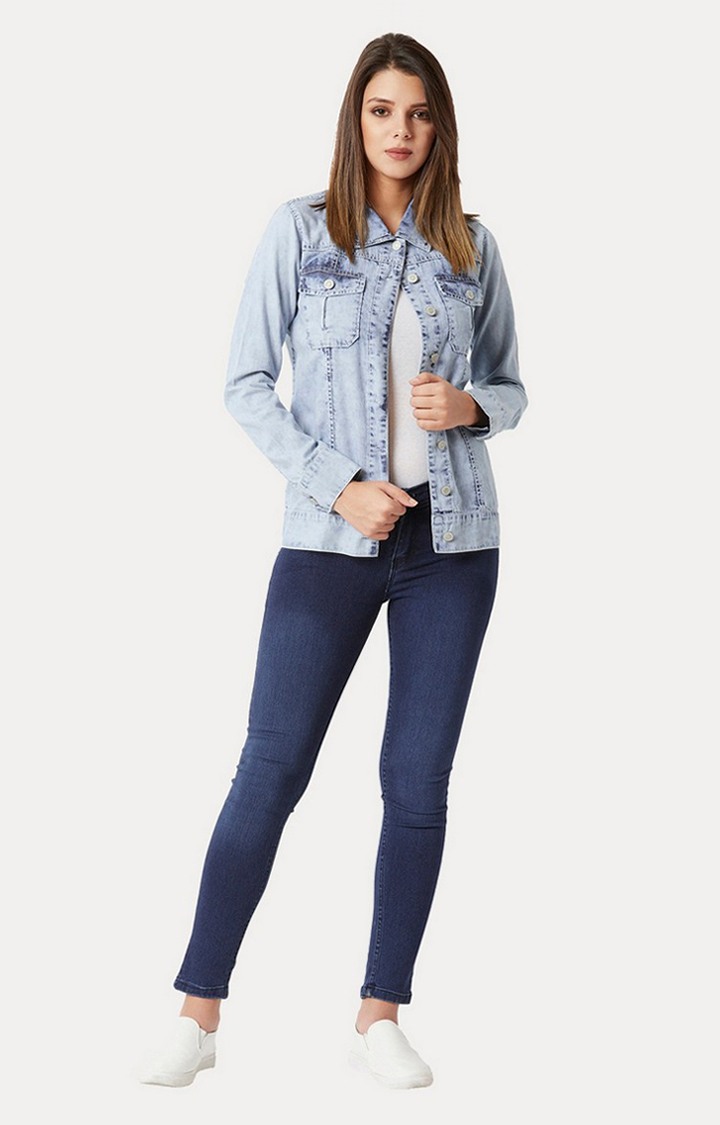 Women's Blue Denim SolidCasualwear Denim Jackets