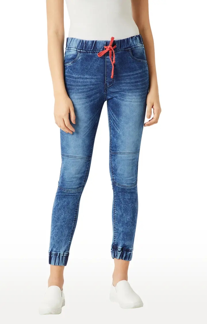 Women's Blue Solid Joggers Jeans
