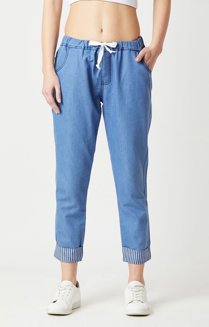 Women's Blue Solid Casual Pants