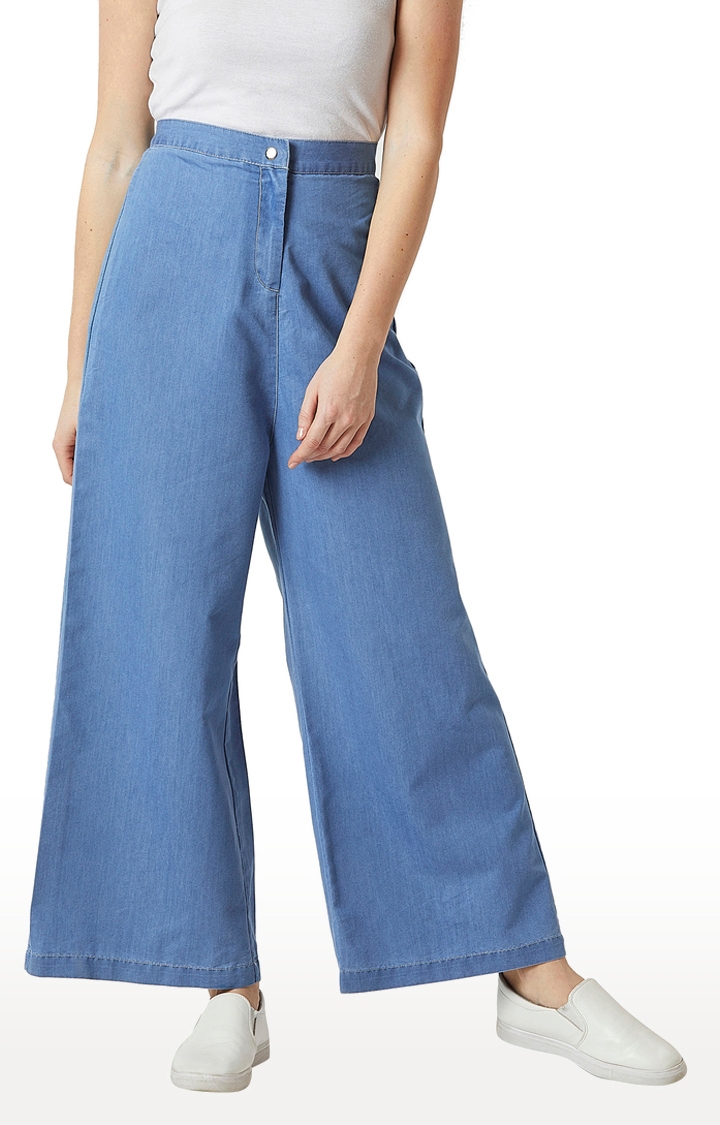 MISS CHASE | Women's Blue Solid Wide Leg Jeans