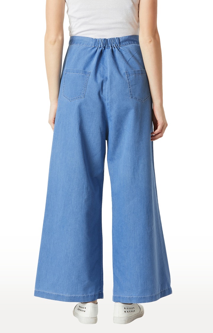 Women's Blue Solid Wide Leg Jeans